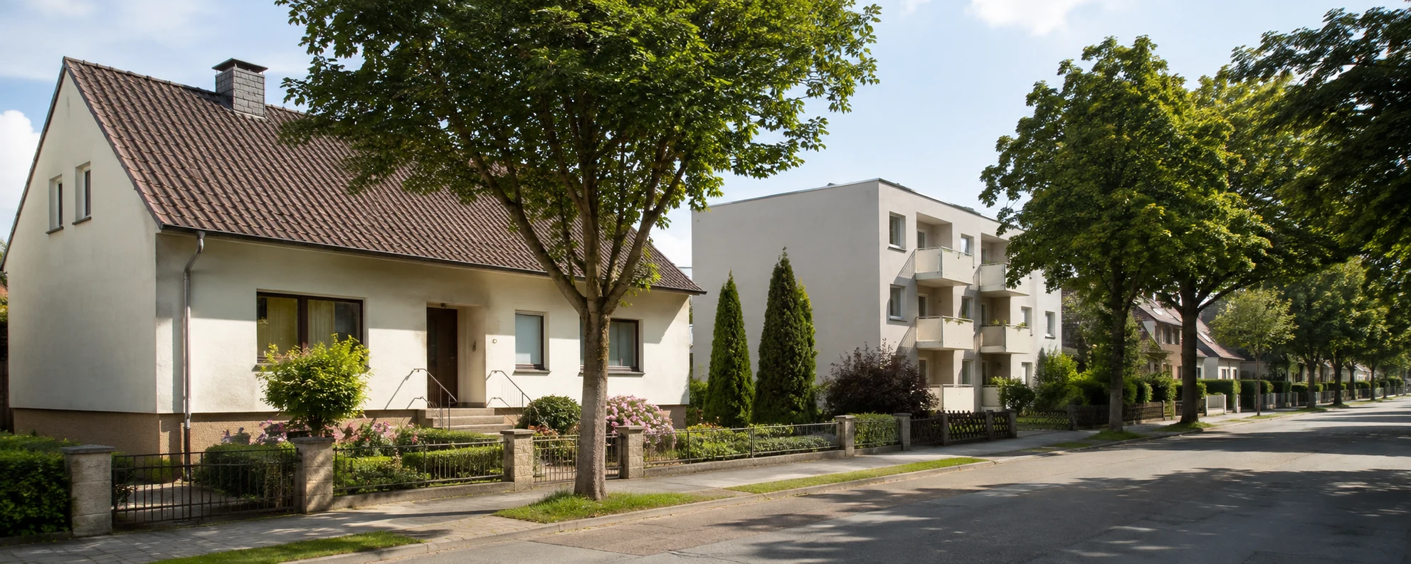 Einfamilienhaus und kleineres Wohngebäude in einer begrünten mitteleuropäischen Wohnstraße
