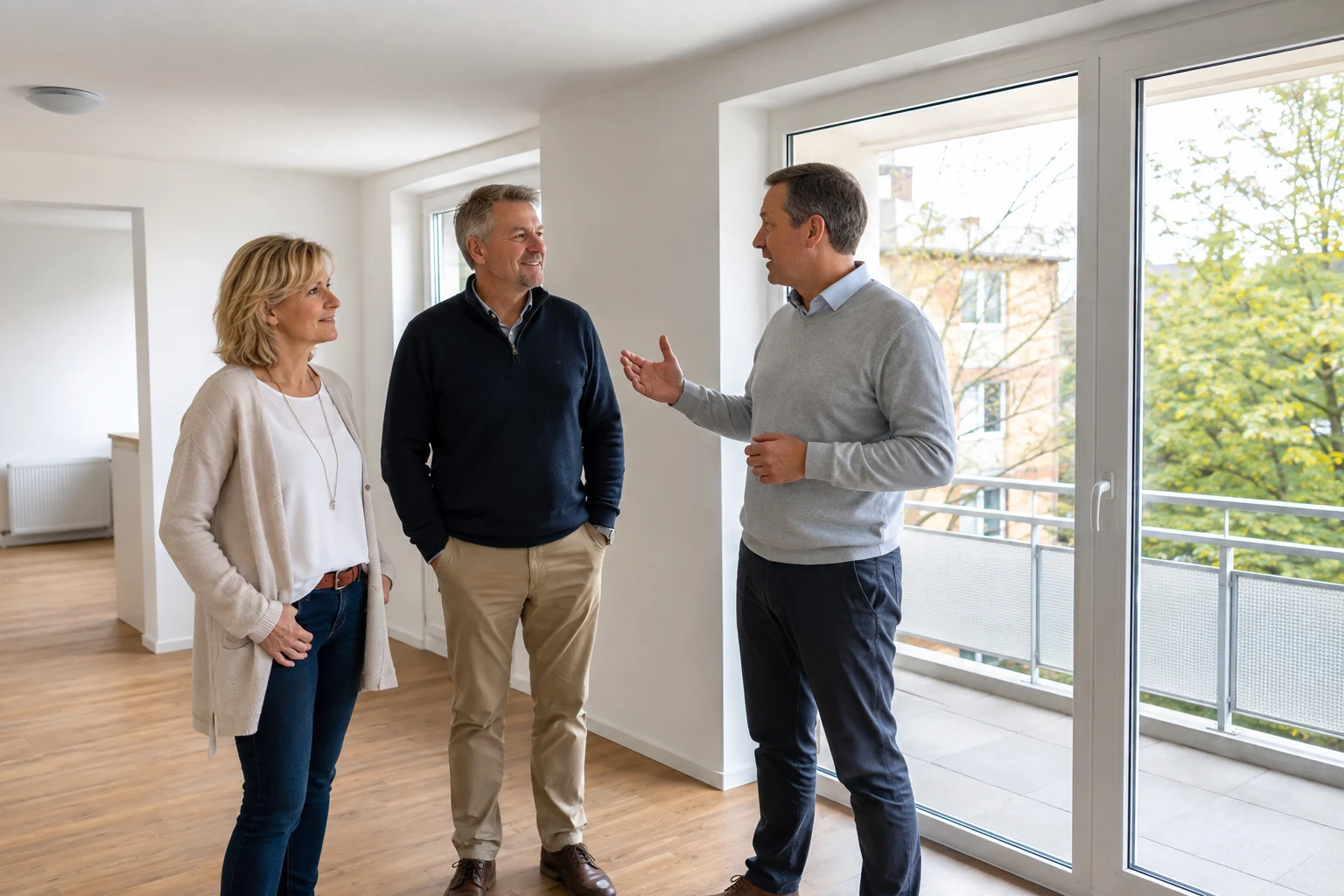Paar besichtigt mit einem Berater eine helle Eigentumswohnung mit Balkon